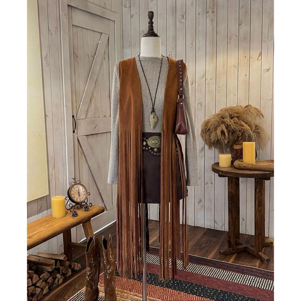 SHEIN LUNE Autumn/Winter Sleeveless Long camel tan Fringe Boho Style Casual Jack - Picture 4 of 8